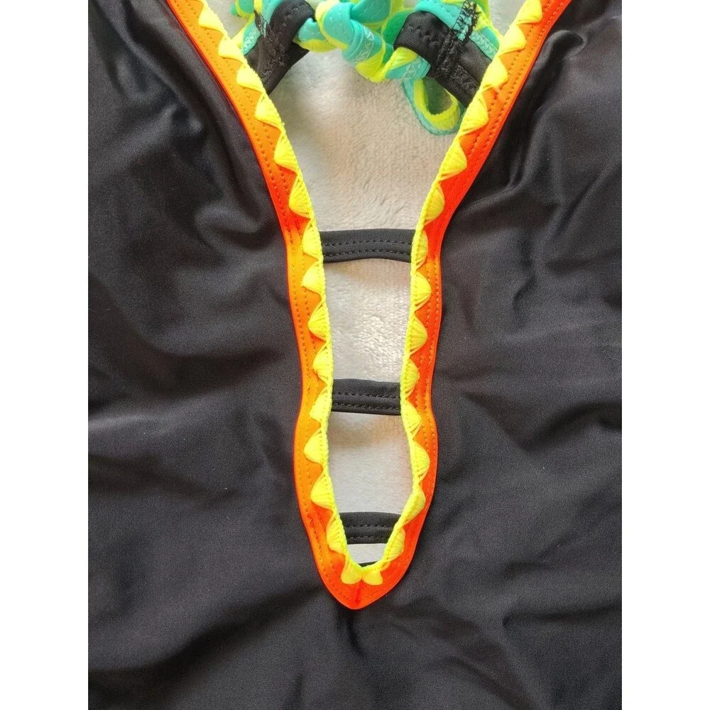 Popvil Black One Piece Tie Back Swimsuit with Multicolored Neon Trim Size XL New